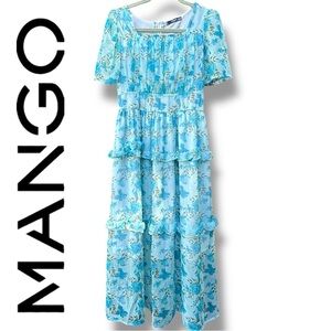 Mango Dress Blue Floral Tiered Ruffle Midi Empire Waist Milkmaid Cottagecore XS